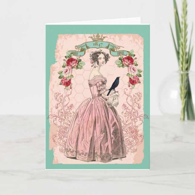 Tarjeta Mujer victoriana rosa (Anverso)