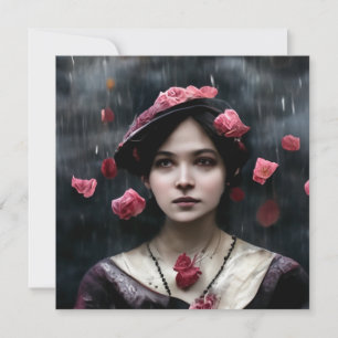 Tarjeta Mujer victoriana y pétalos rosas de lluvia
