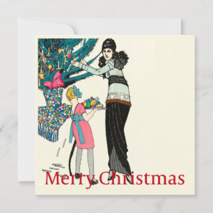 Tarjeta Mujer vintage de 1930 decorando el árbol de Navida