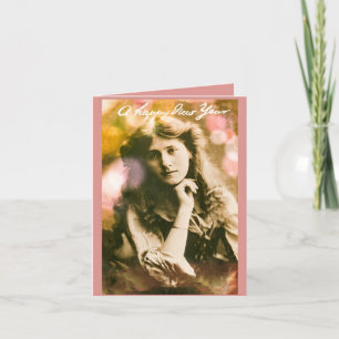 Tarjeta Mujer vintage de año nuevo en rosa