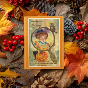 Tarjeta Mujer vintage de Halloween, calabaza y búho