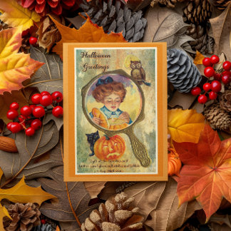 Tarjeta Mujer vintage de Halloween, calabaza y búho