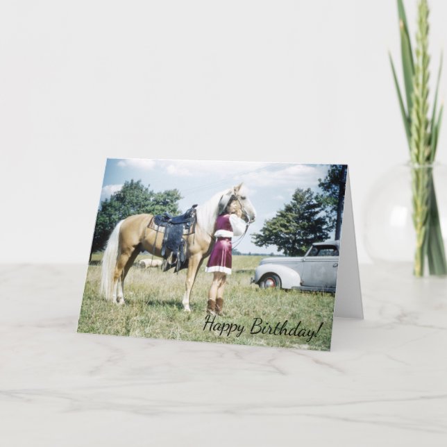 Tarjeta Mujer y caballo, retro años 50 Pony Wish (Anverso)