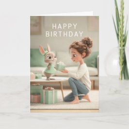 Tarjeta Mujer y conejito bebé en vestido verde menta Cumpl