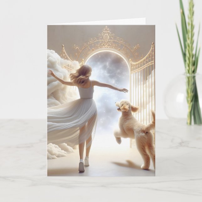 Tarjeta Mujer y goldendoodle en la puerta del cielo (Anverso)
