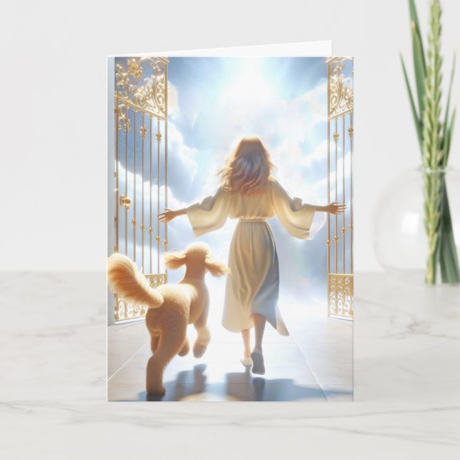 Tarjeta Mujer y goldendoodle en la puerta del cielo (Anverso)
