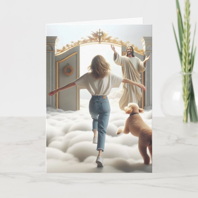 Tarjeta Mujer y labrador en la puerta del cielo (Anverso)
