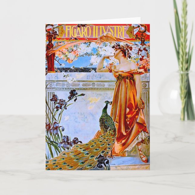 Tarjeta Mujer y pavo real (Anverso)