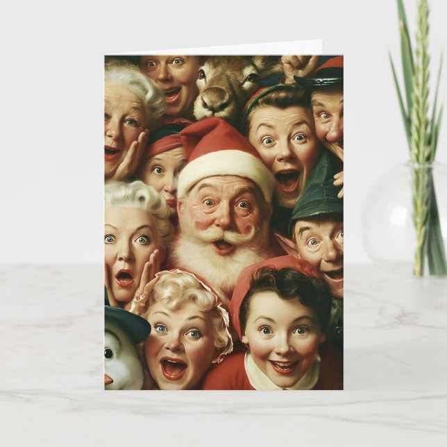 Tarjeta Multitud Retro de Navidad con Papá Noel (Anverso)
