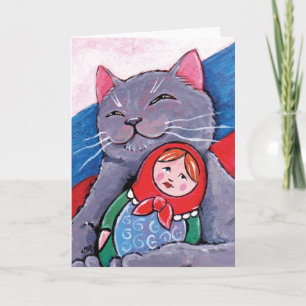 Tarjeta Muñeca azul rusa y babushka   Arte de gato patriót
