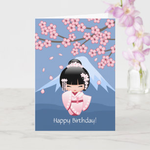 Tarjeta Muñeca blanca de Kokeshi del kimono - cumpleaños