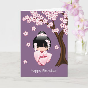 Tarjeta Muñeca blanca de Kokeshi del kimono - cumpleaños