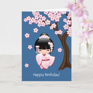 Tarjeta Muñeca blanca de Kokeshi del kimono - cumpleaños