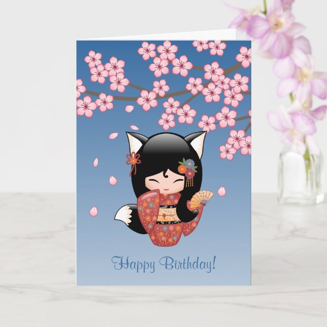 Tarjeta Muñeca de Kitsune Kokeshi - cumpleaños del geisha (Orquídea)