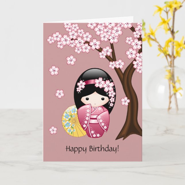 Tarjeta Muñeca de Kokeshi de la primavera - cumpleaños (flor amarilla)