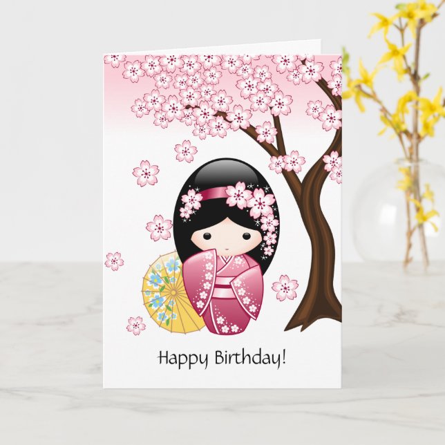 Tarjeta Muñeca de Kokeshi de la primavera - cumpleaños (flor amarilla)