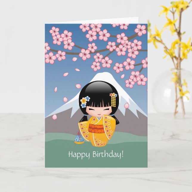 Tarjeta Muñeca de Kokeshi del verano - cumpleaños japonés (flor amarilla)