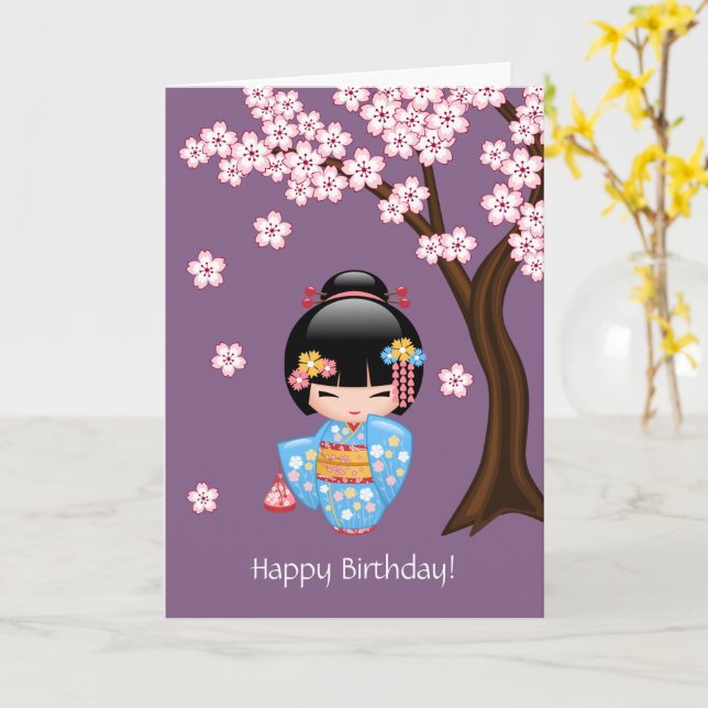 Tarjeta Muñeca de Maiko Kokeshi - cumpleaños lindo del (flor amarilla)