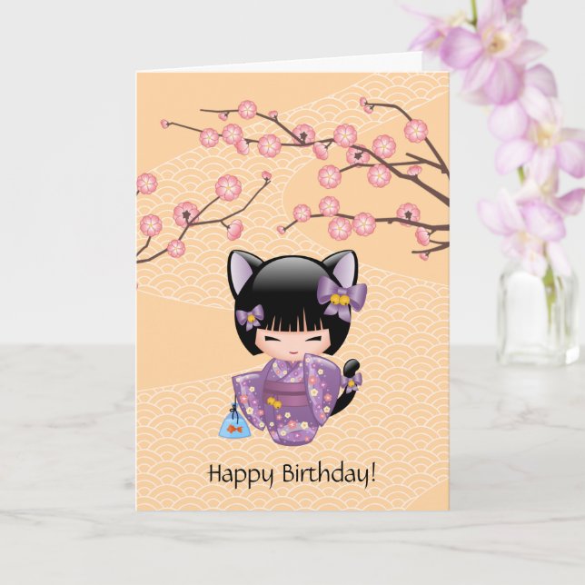 Tarjeta Muñeca de Neko Kokeshi - cumpleaños del chica de (Orquídea)