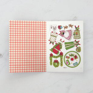 Tarjeta Muñeca de papel de Navidad antigua con gingham ado