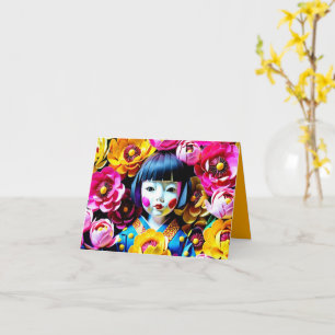 Tarjeta Muñeca Japonesa con Peonías Origami 3HGC