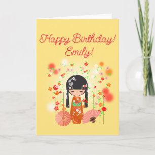 Tarjeta Muñeca Kokeshi Feliz Cumpleaños