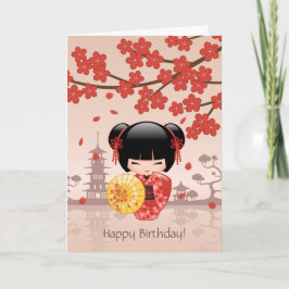 Tarjeta Muñeca Sakura Kokeshi Roja, cumpleaños Cute Geisha
