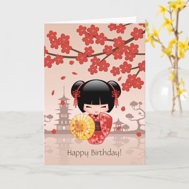 Tarjeta Muñeca Sakura Kokeshi Roja, cumpleaños Cute Geisha (flor amarilla)