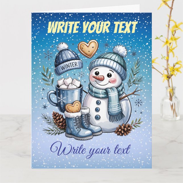 Tarjeta Muñeco de nieve acogedor de invierno (flor amarilla)