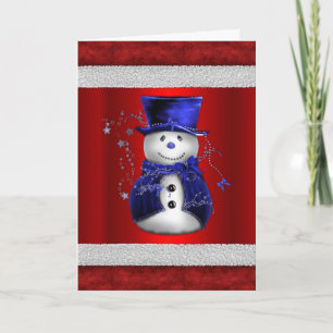 Tarjeta Muñeco de nieve azul lindo en Navidad roja