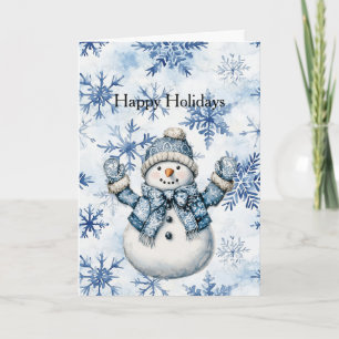 Tarjeta Muñeco de nieve blanco azul de Navidad 