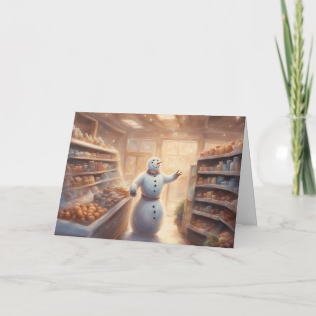 Tarjeta Muñeco de nieve comprando para la cena de Navidad  (Anverso)