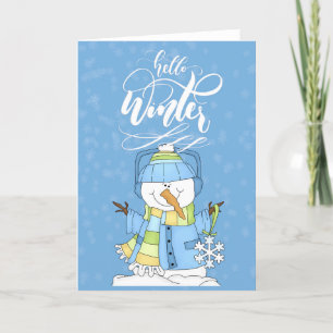 Tarjeta Muñeco de nieve con azul - Hola invierno