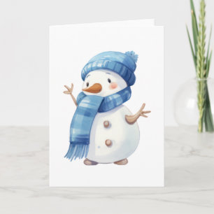 Tarjeta Muñeco de nieve con bufanda azul en acuarela adora