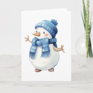 Tarjeta Muñeco de nieve con bufanda y sombrero azules en a