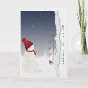 Tarjeta muñeco de nieve con estrella de oro
