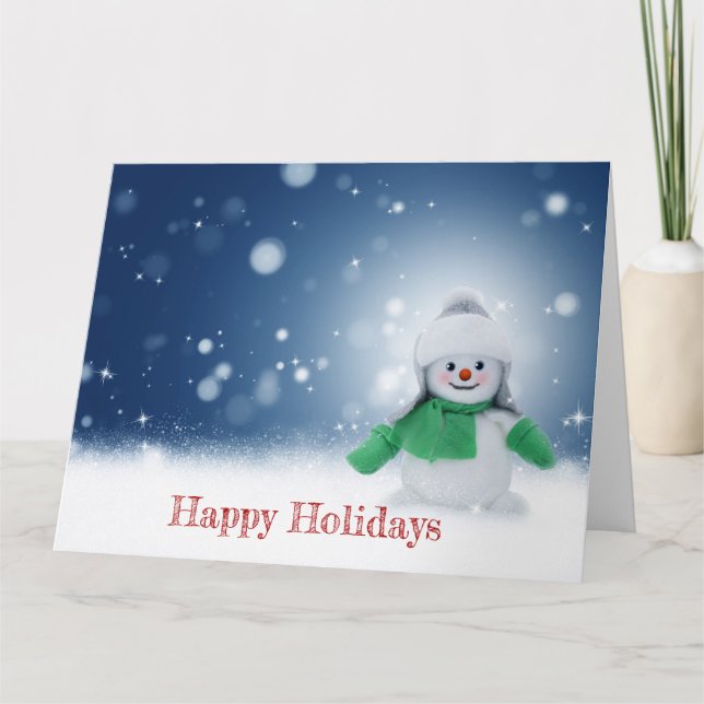 Tarjeta Muñeco de nieve con una bufanda verde (Anverso)