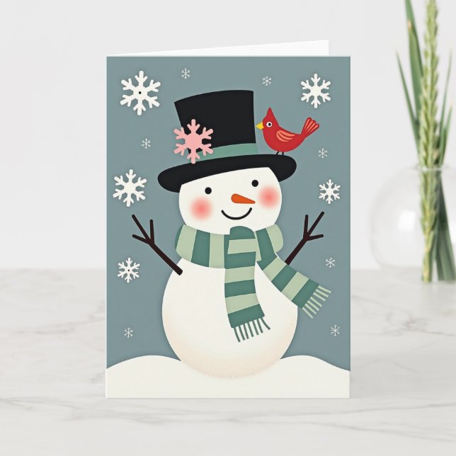 Tarjeta Muñeco de Nieve de Navidad con Cardenal (Anverso)