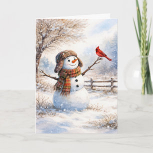 Tarjeta Muñeco de nieve de Navidad con cardenal rojo