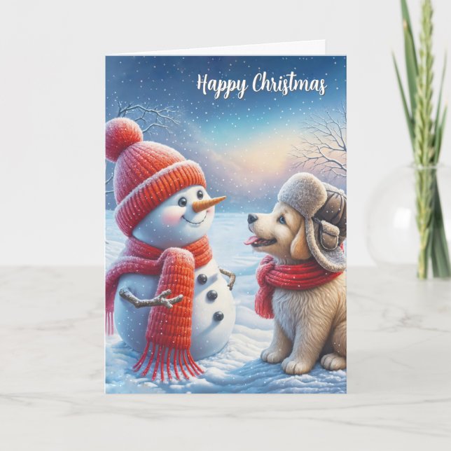 Tarjeta Muñeco de Nieve de Navidad con Perro (Anverso)