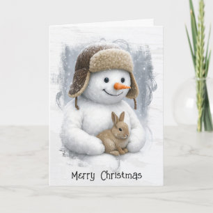 Tarjeta Muñeco de nieve de Navidad en bosques de invierno 