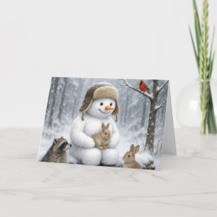 Tarjeta Muñeco de nieve de Navidad en bosques invernales c