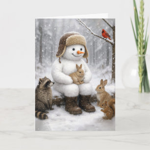 Tarjeta Muñeco de nieve de Navidad en bosques invernales c