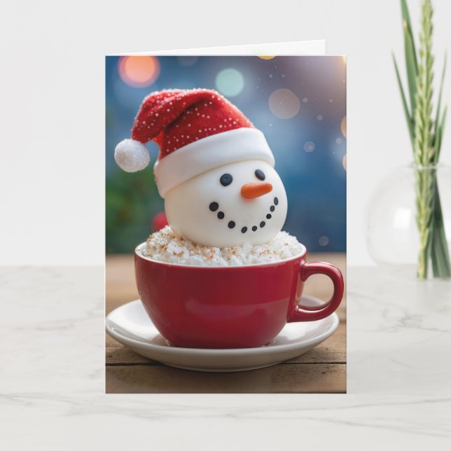 Tarjeta Muñeco de Nieve de Navidad en Chocolate Caliente (Anverso)