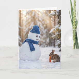 Tarjeta Muñeco de nieve de Navidad frunciendo el ceño a un