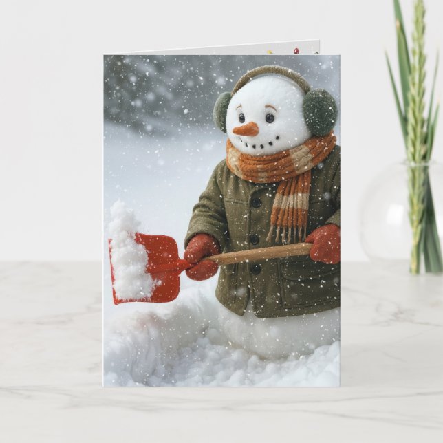 Tarjeta Muñeco de nieve de Navidad paleando nieve (Anverso)