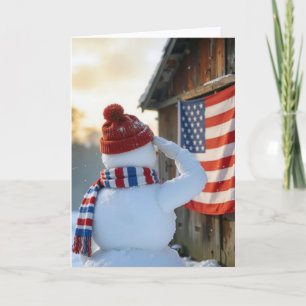 Tarjeta Muñeco de nieve de Navidad saludando una bandera a