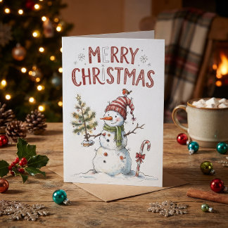 Tarjeta Muñeco de nieve de Navidad vintage acuarela rústic