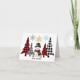 Tarjeta Muñeco de nieve del árbol de Navidad a cuadros - F