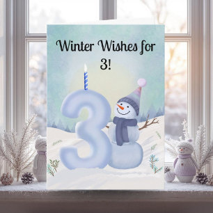 Tarjeta Muñeco de nieve del tercer cumpleaños con tres nev